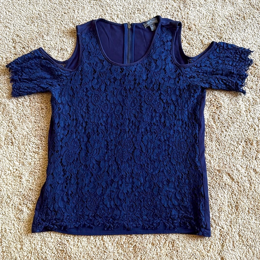 Navy Lace Cold Shoulder Top